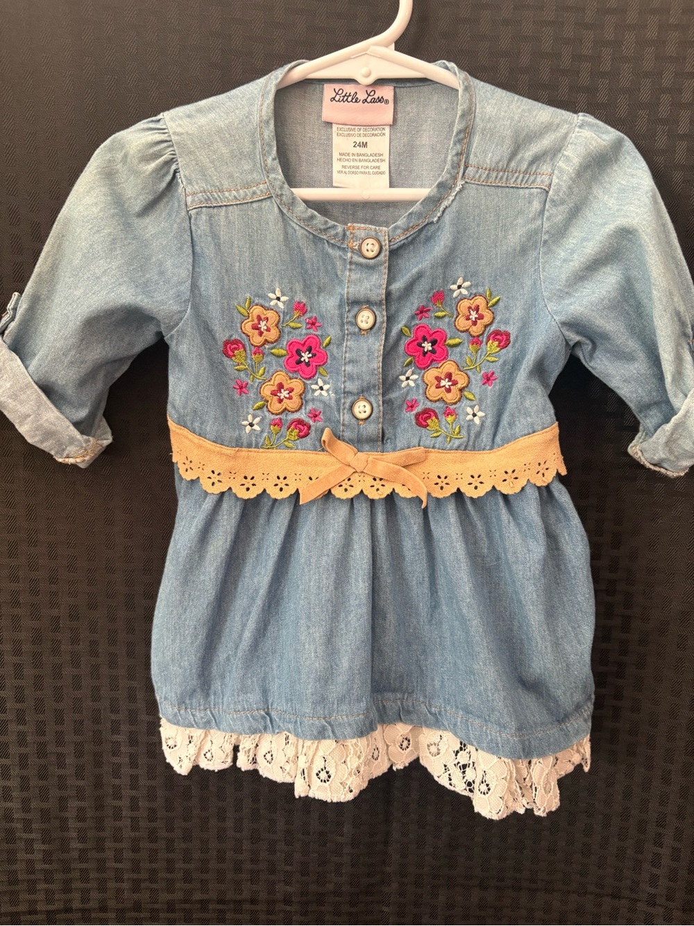 Little Lass Light Blue Denim Dress with Pink & Yellow Floral Embroidery